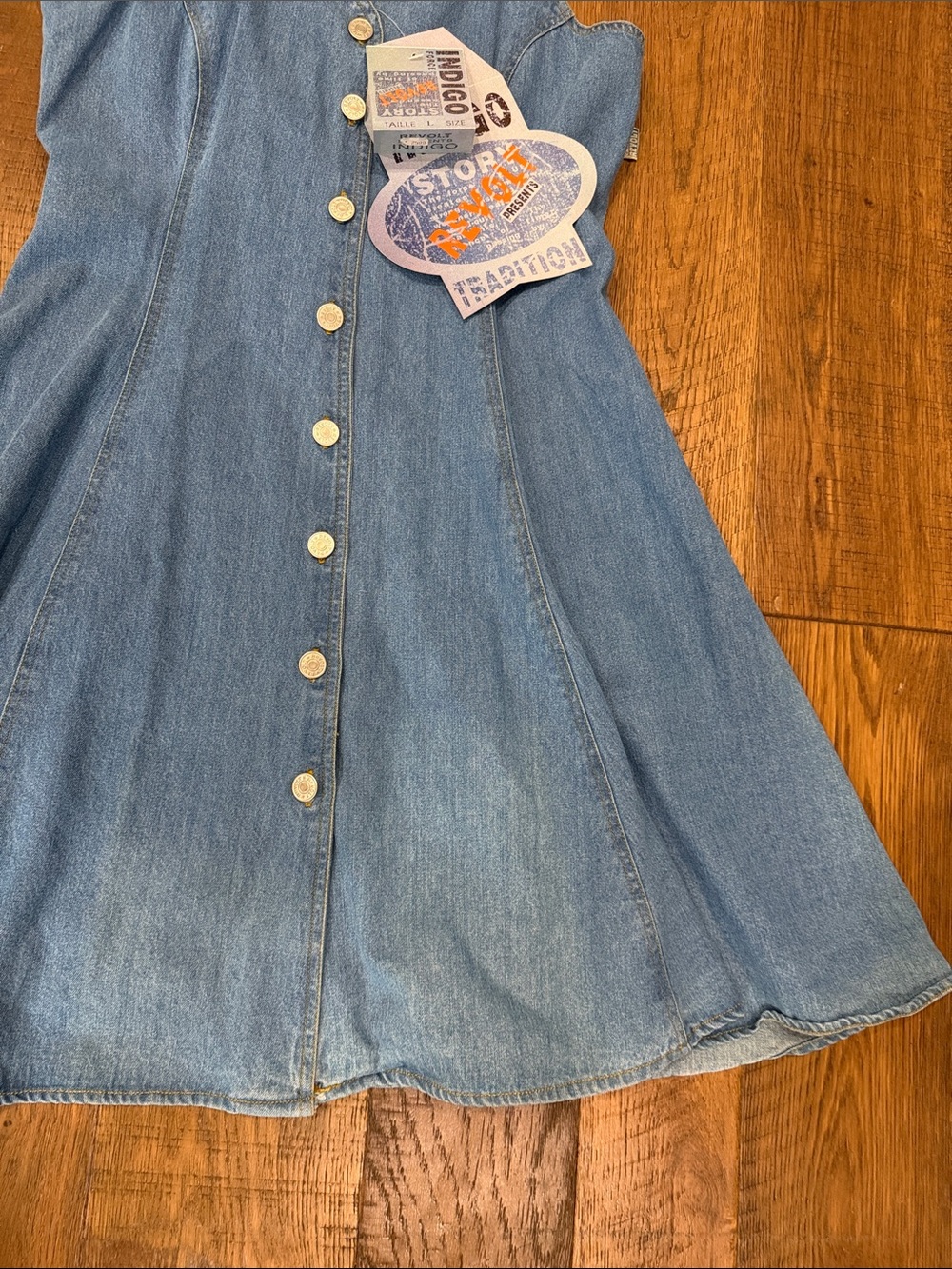 Indigo Light Blue Denim Button-Front Sundress with Cross-Back Straps - Picture 4 of 7